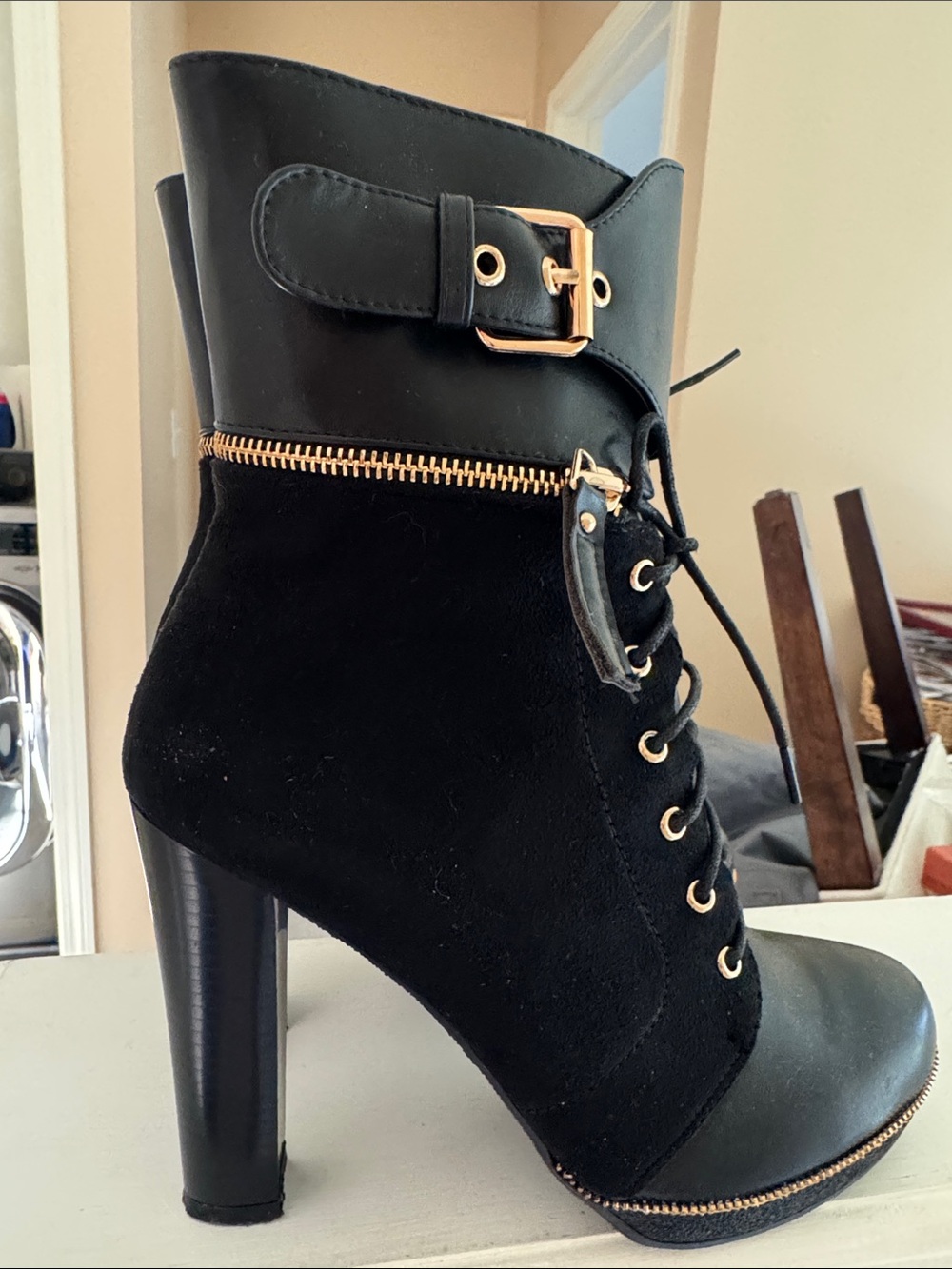 Black Lace-Up High Heel Ankle Boots with Gold Hardware